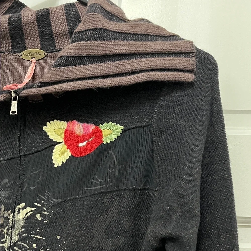 One Girl Who Black Floral Embroidered Full Front Zip Sweater - Size Small